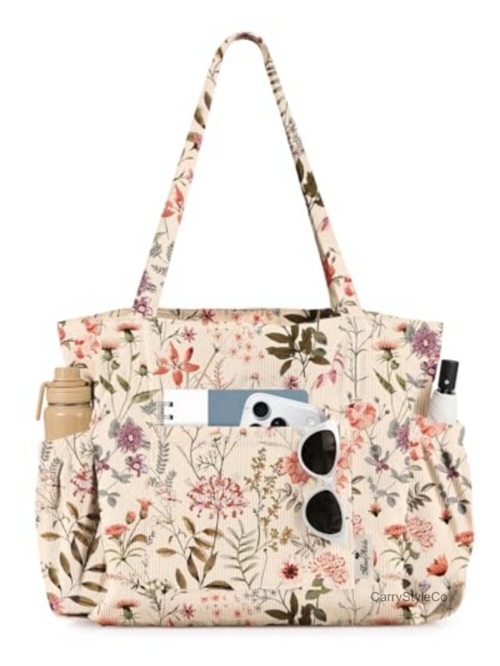 Corduroy Tote Bag Women Multi-Pocket Zipper Shoulder Bag Floral